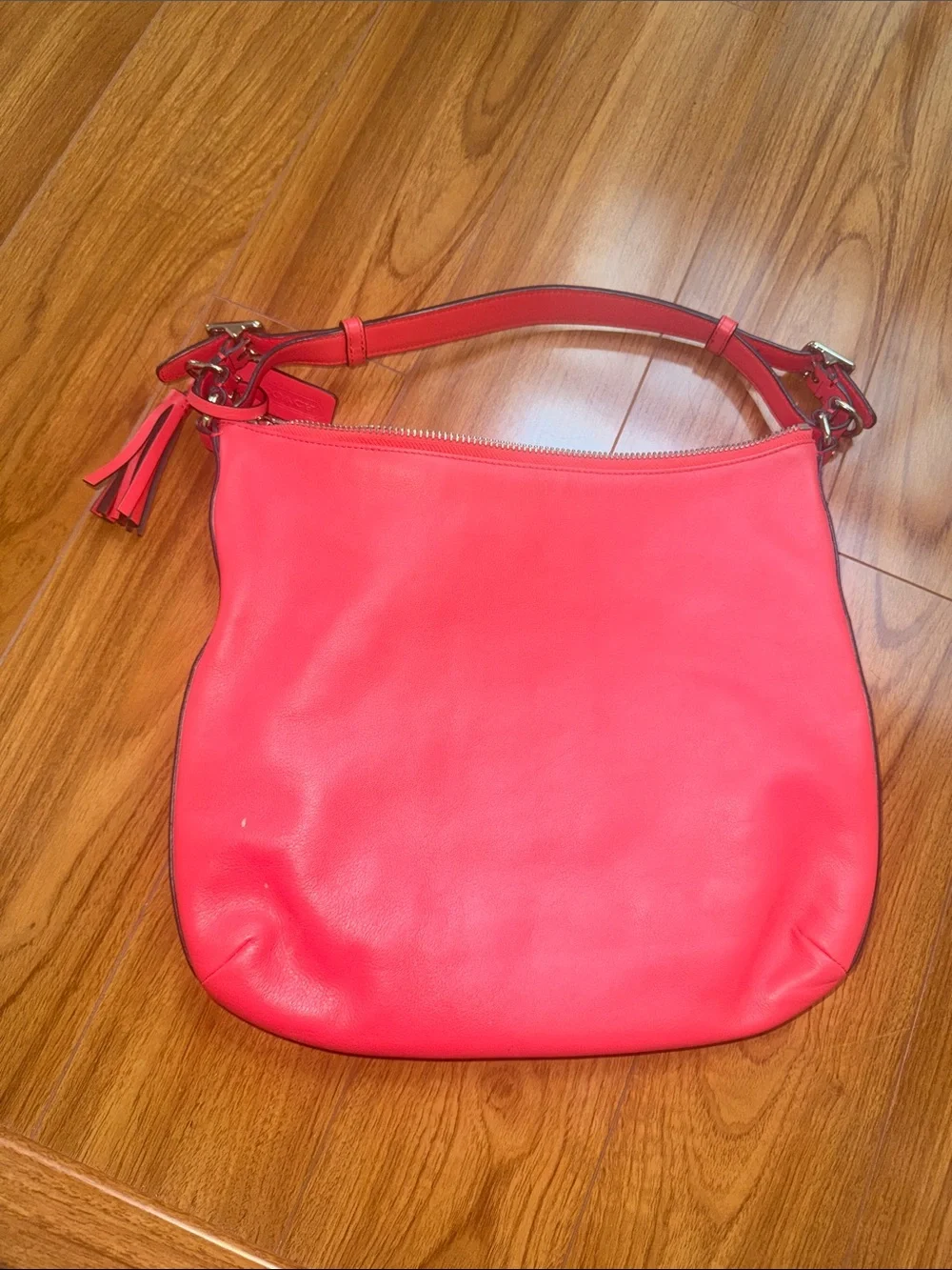 Coach Red Leather Shoulder Bag with Front Pocket and Tassel